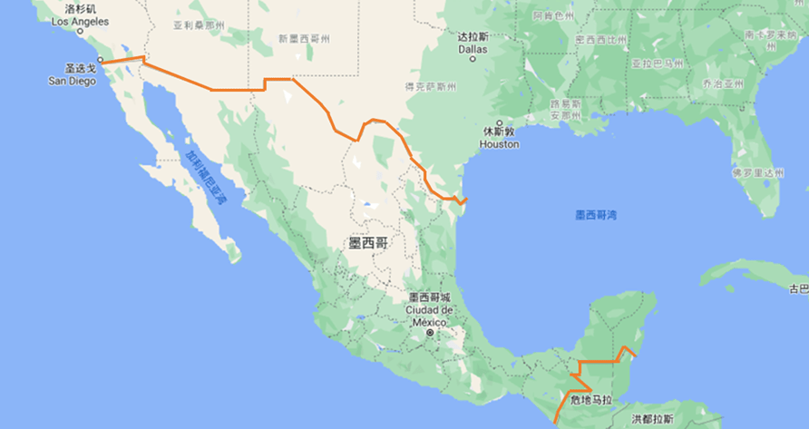 墨西哥,北部同美国接壤,南侧和西侧滨临太平洋,东部则为墨西哥湾