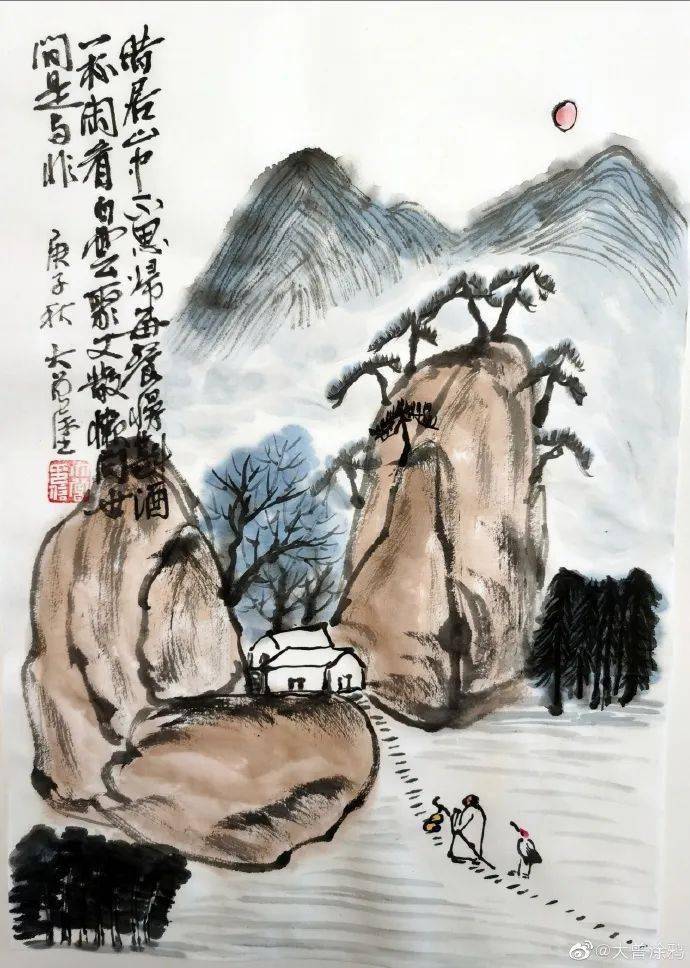 大曾画画三间茅屋一老妻生个孩子养群鸡山中岁月无闲愁日出而作日落西