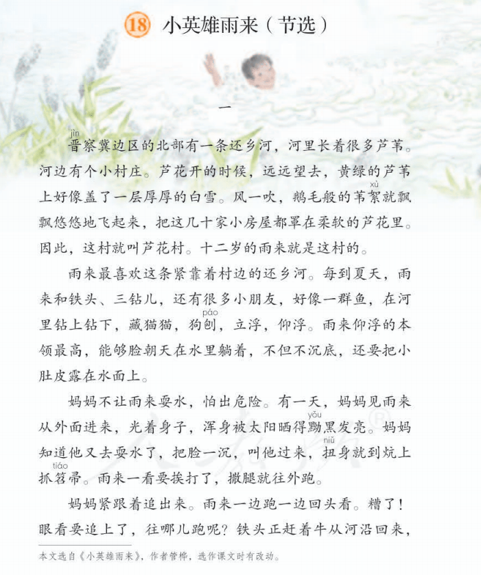 《小英雄雨来》原名《雨来没有死》,是一篇小学语文课文,讲述了雨来