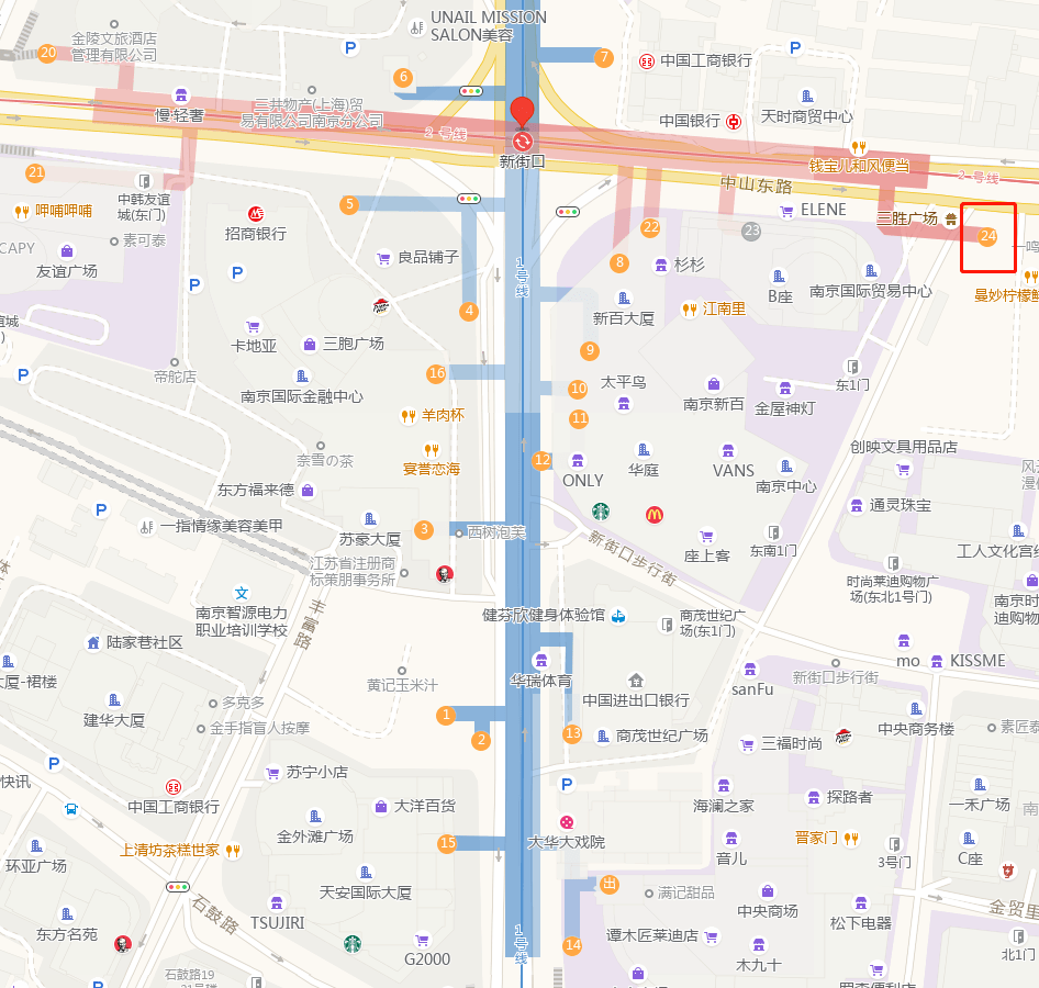 南京新街口地铁站有24个出入口,连通地面,地下商业 图片来源/地图