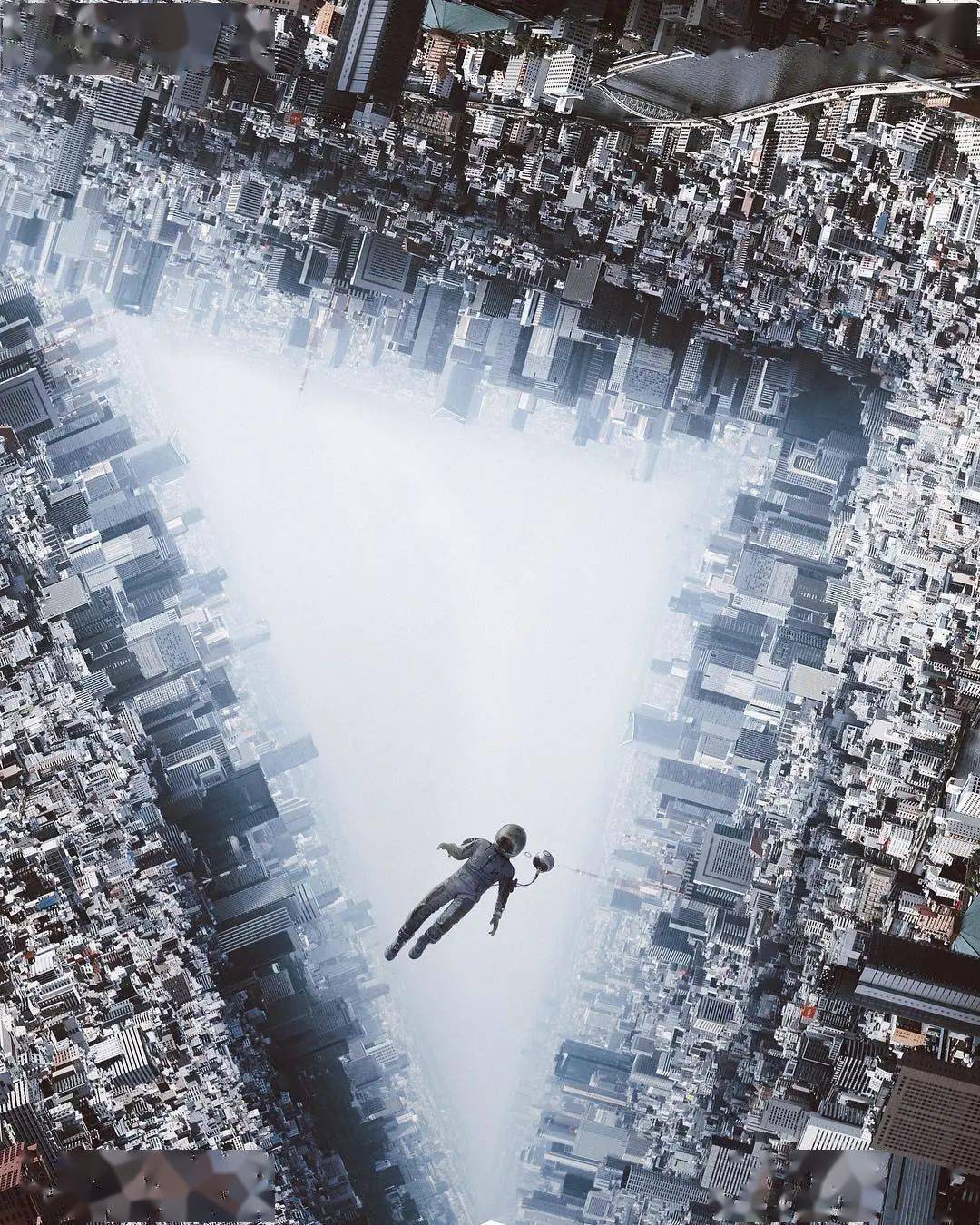 水同时水平和垂直流动;天空呈方形,在奇形怪状的云景中;城市被折叠