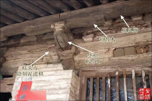 这座大殿的梁栱结构可归纳为以下几点:一是梁头伸出为外转一跳华栱