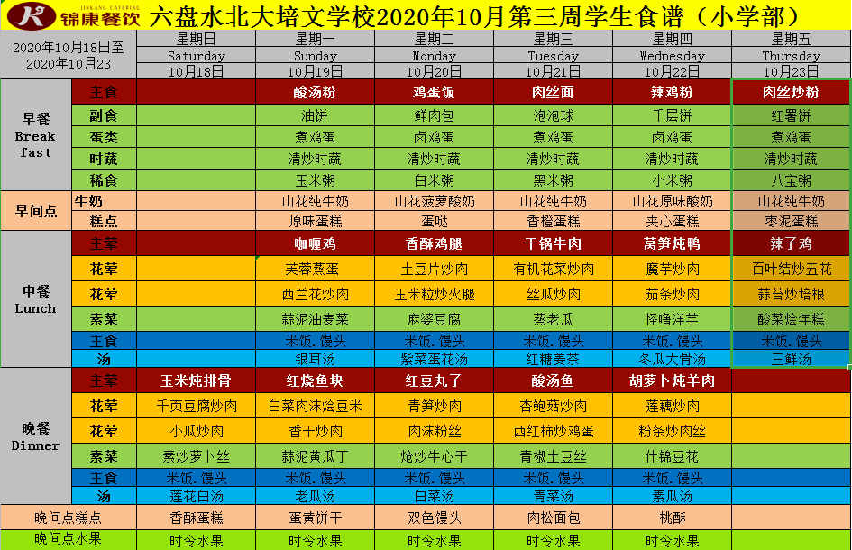 舌尖上的培文 | 十月的第二周食谱_晚餐