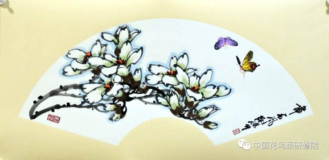 《玉树临风 含笑迎春》徐湛教授玉兰扇面作品欣赏_花鸟画