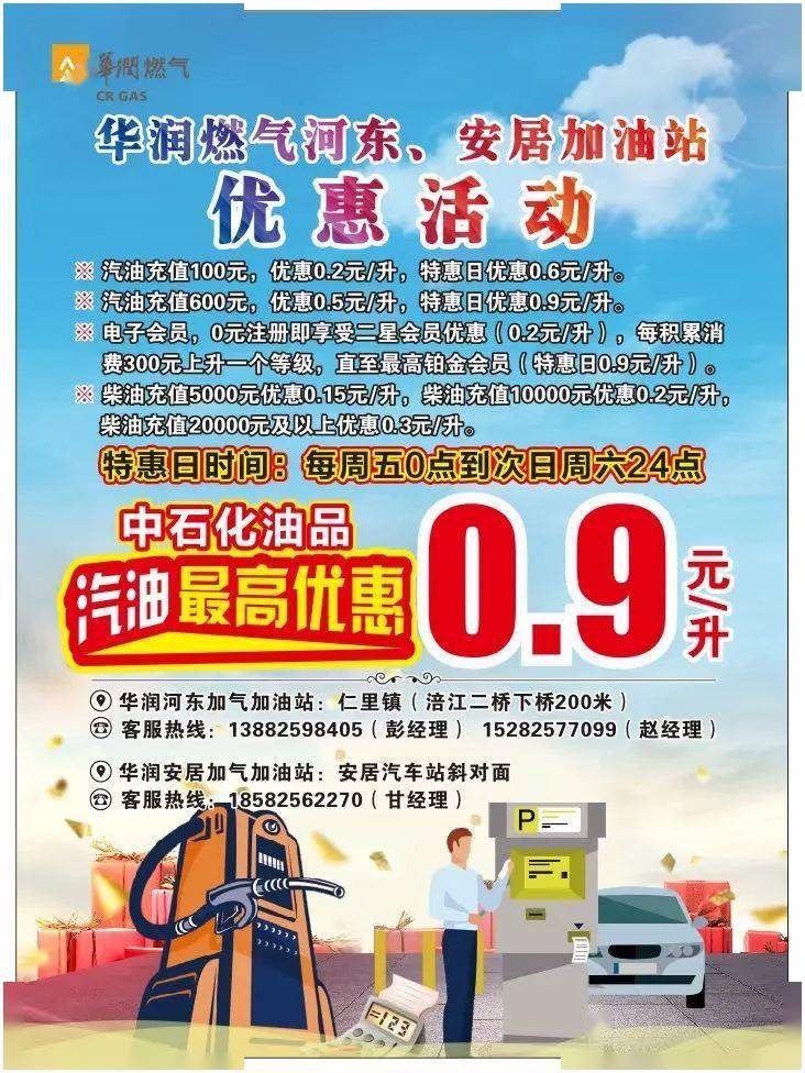 最高优惠0.9元/升!华润燃气河东,安居加油站等你来