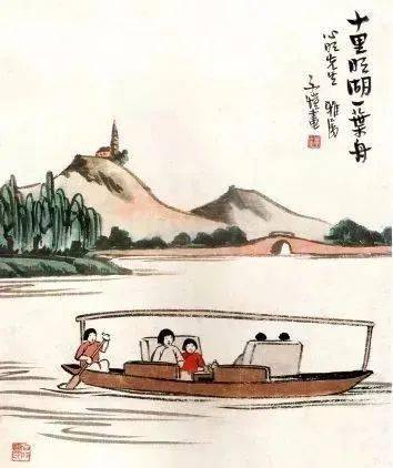 招贤寺与家属及法师与幼子丰新枚及陶载良在杭州西湖在丰子恺的画作中