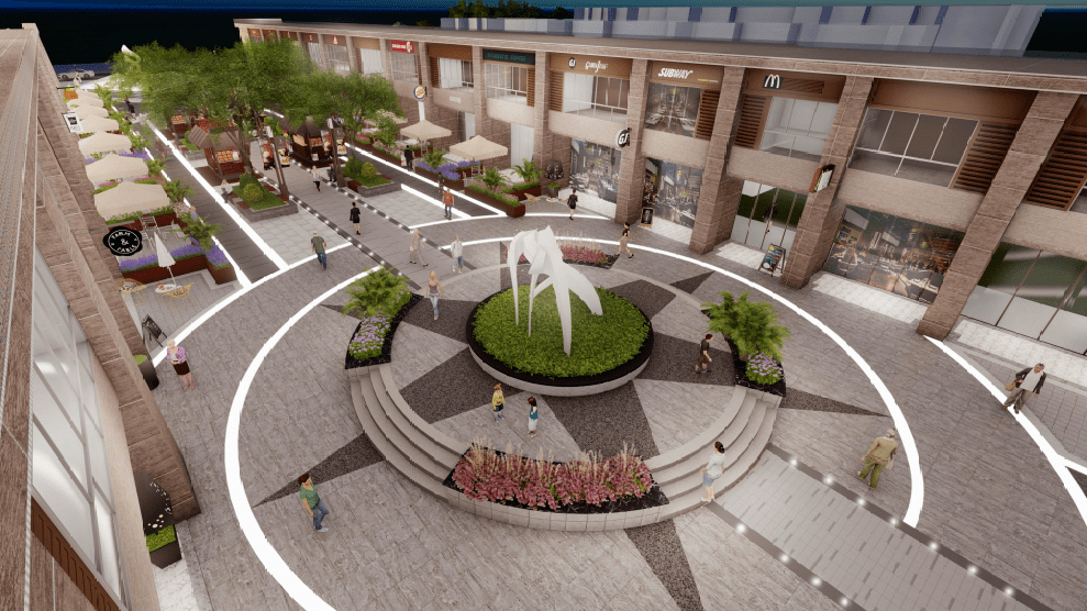 商业街进行全面改造,以及交通组织梳理后的相关改造,包括绿化,铺装