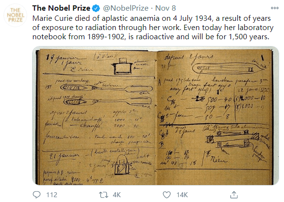 諾獎官方表示：居里夫人筆記至今都還有放射性，未來1500年仍是 -尋夢新聞