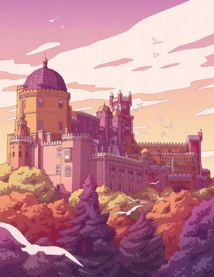 粉色插画丨粉色调风景插画作品温柔的配色
