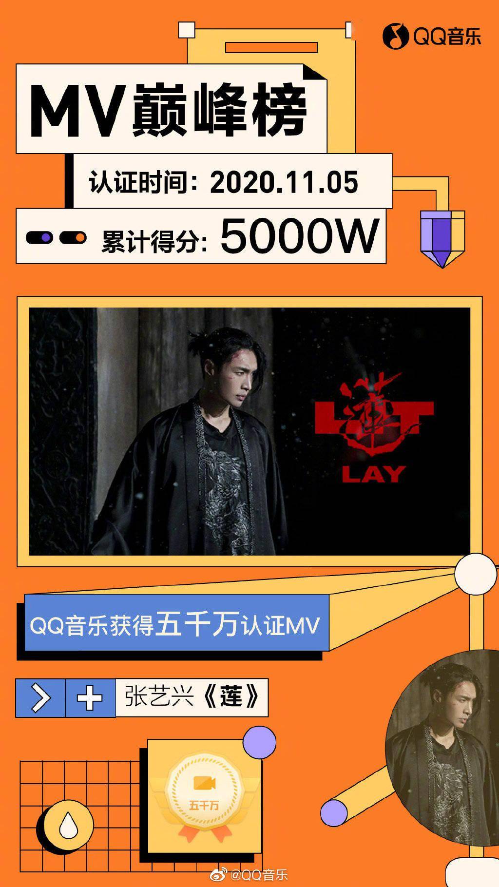 张艺兴《莲》荣获"qq音乐mv巅峰榜"五千万认证