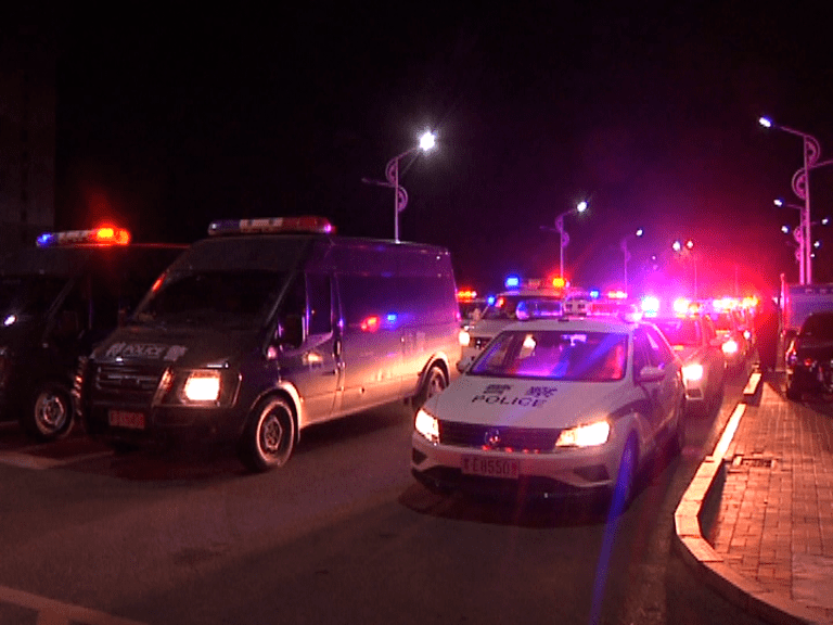 交通,刑侦,派出所人员组成的巡逻大队气势如虹,40辆警车排列整齐,警灯