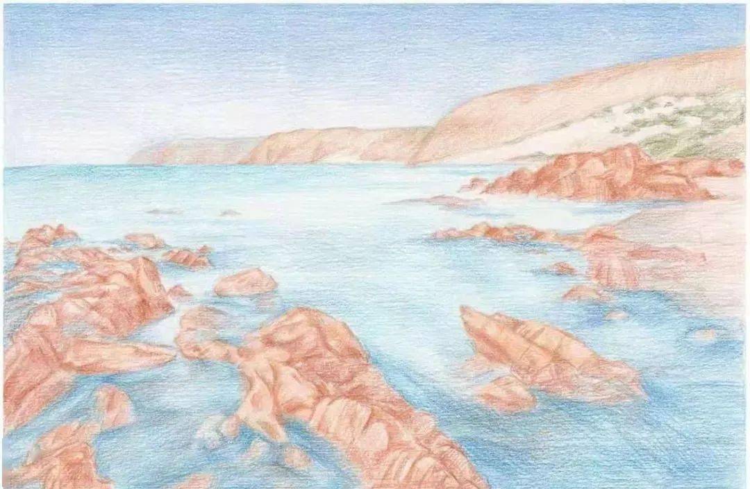 彩铅风景教程:大海和礁石