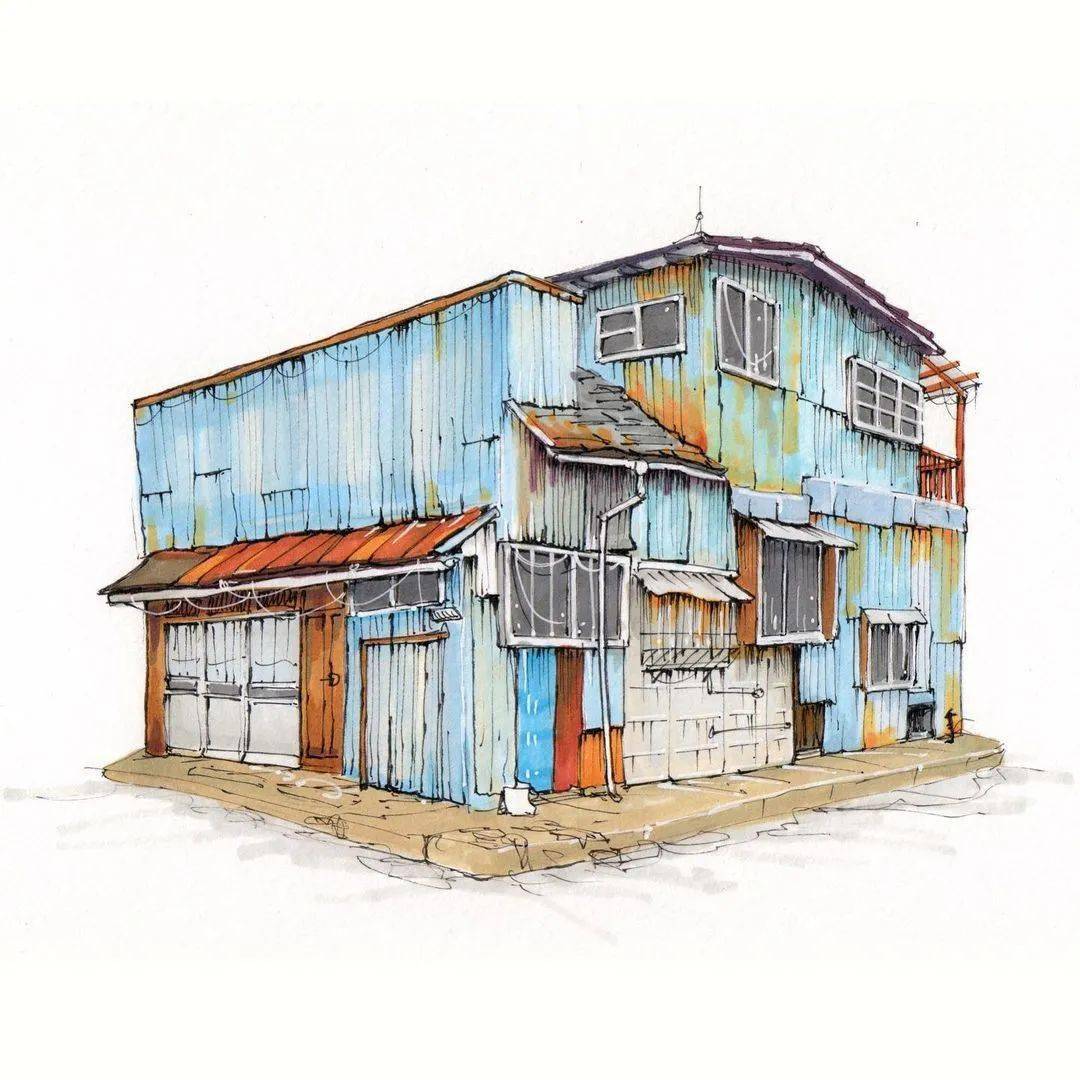 房子为主的针管笔手绘 线条看着是真舒服