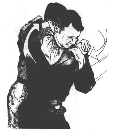 敌人可能由背后用单臂锁喉的方法,向我们进行攻击,我们应该举起力道大