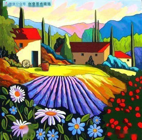 风景临摹素材20张色彩丰富的田园风手绘作品