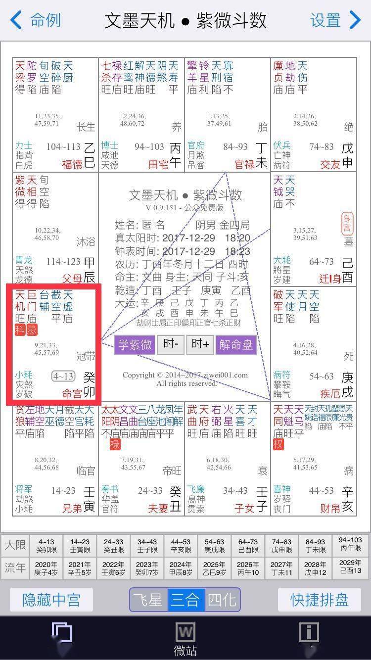 不知道自己命盤的朋友,需百度:紫微斗數排盤進行查詢,看到格子裡寫著