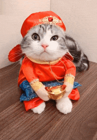 猫咪提前穿年服拜年穿上喜庆衣服后模样超级萌萌的