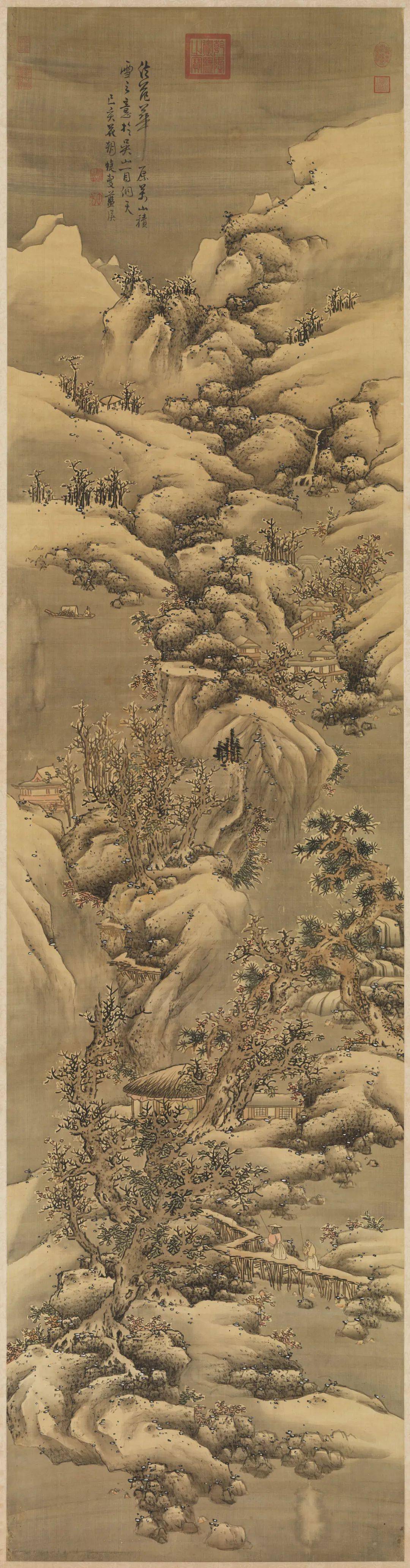 明 · 蓝瑛 《画雪景》此图画面上重岩积雪,亭戴雪帽,老树寒疏,山村