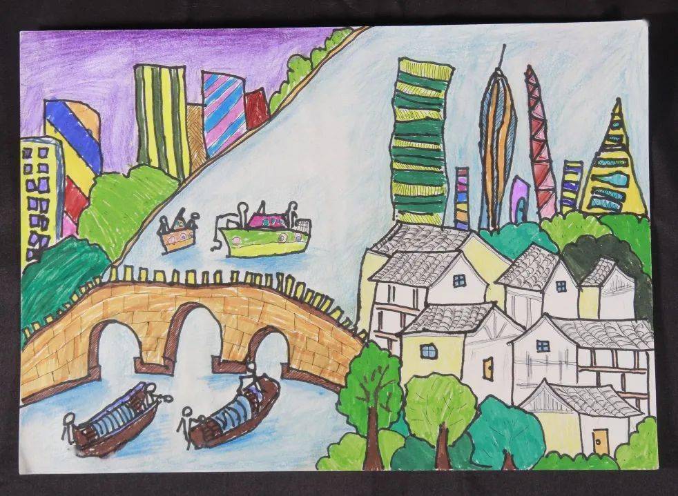 运河美景一年级绘画图片