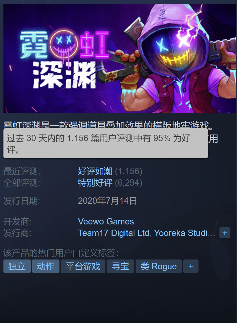 近期评价"好评如潮",《霓虹深渊》steam冬季限时特惠43元