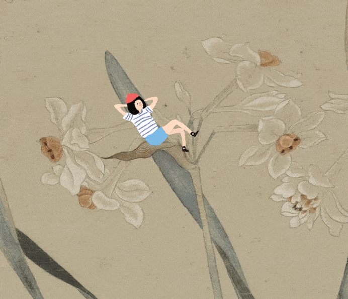 上方翩然探入一枝腊梅横斜而下,枝上有花苞全开也有含苞待放.