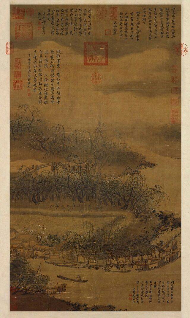 掛け軸】「絹本 人物閣樓図 夏圭」中国南宋画家 肉筆保證 唐物唐本