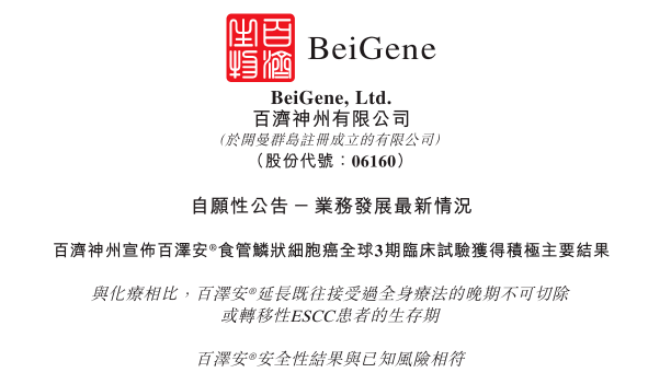 百济神州pd1食管鳞癌适应症全球iii期临床达主要终点