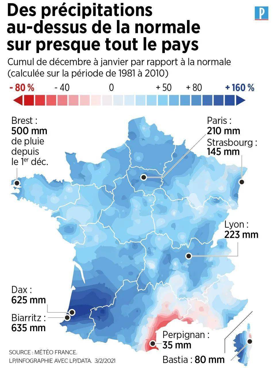 2021年法国降雨量与1981年到2010年降雨量正常值的对比 图源:le