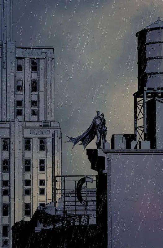 蝙蝠侠观察哥谭,好像它是栖息在夜空中突出的摩天大楼中的石像鬼.