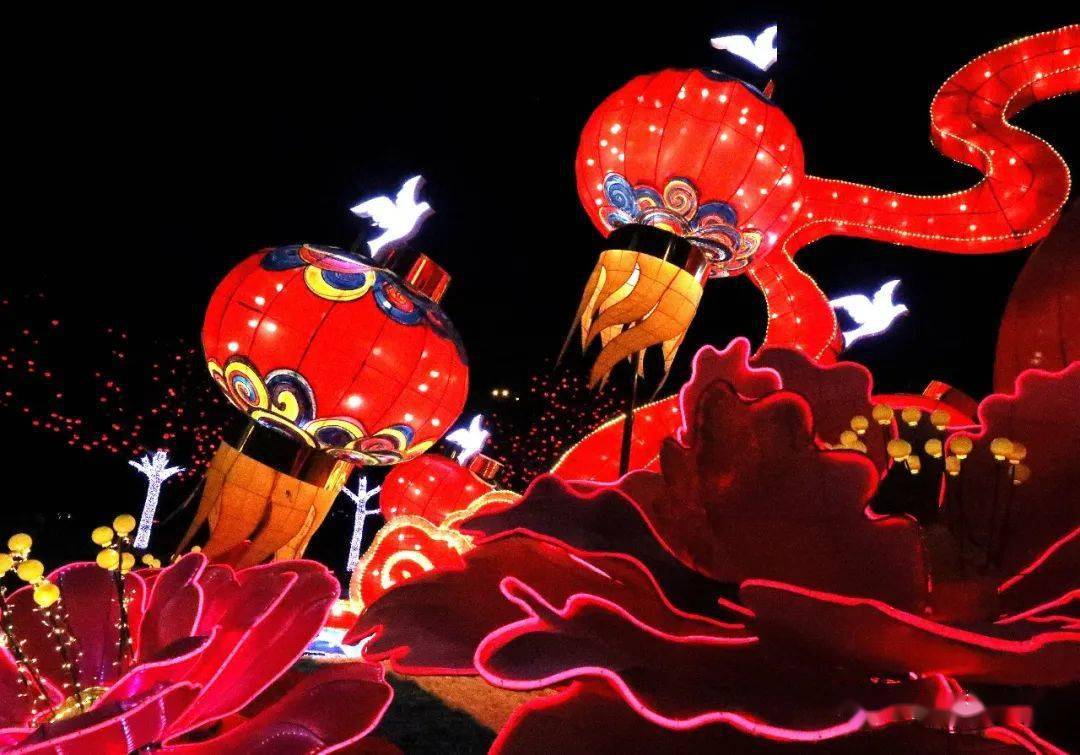 幸福公园里,高高挂起的大红灯笼及绽放的礼花形成了一道靓丽的风景线