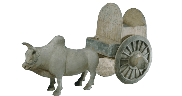 唐 白瓦胎画彩牛车从出土的陶瓷器来看,汉代的牛