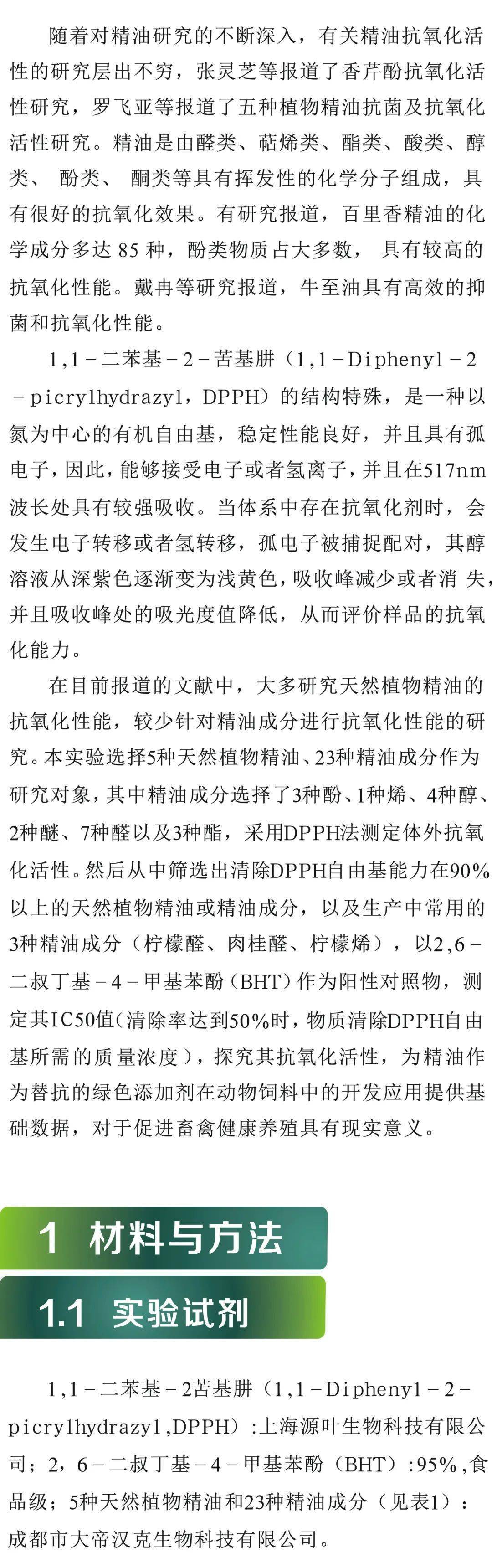 科研报告 不同天然植物精油和精油成分体外抗氧化性能的比较研究