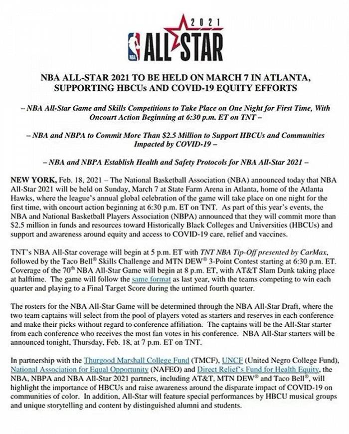 NBA All-Star 2021 to be held on March 7 in Atlanta, supporting HBCUs and  COVID-19 equity efforts