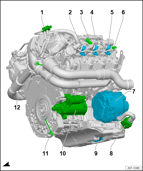 2019年款奥迪a8d5车型6缸柴油发动机元件位置图解说明