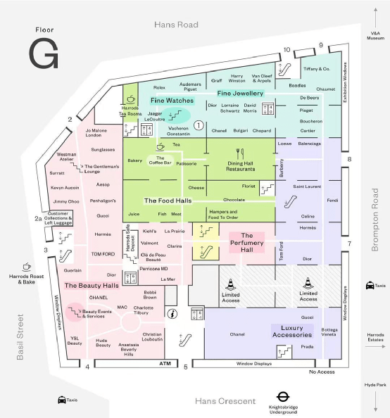 销售专柜,囊括几乎所有来自世界各地的一线奢侈品品牌和英国本土品牌