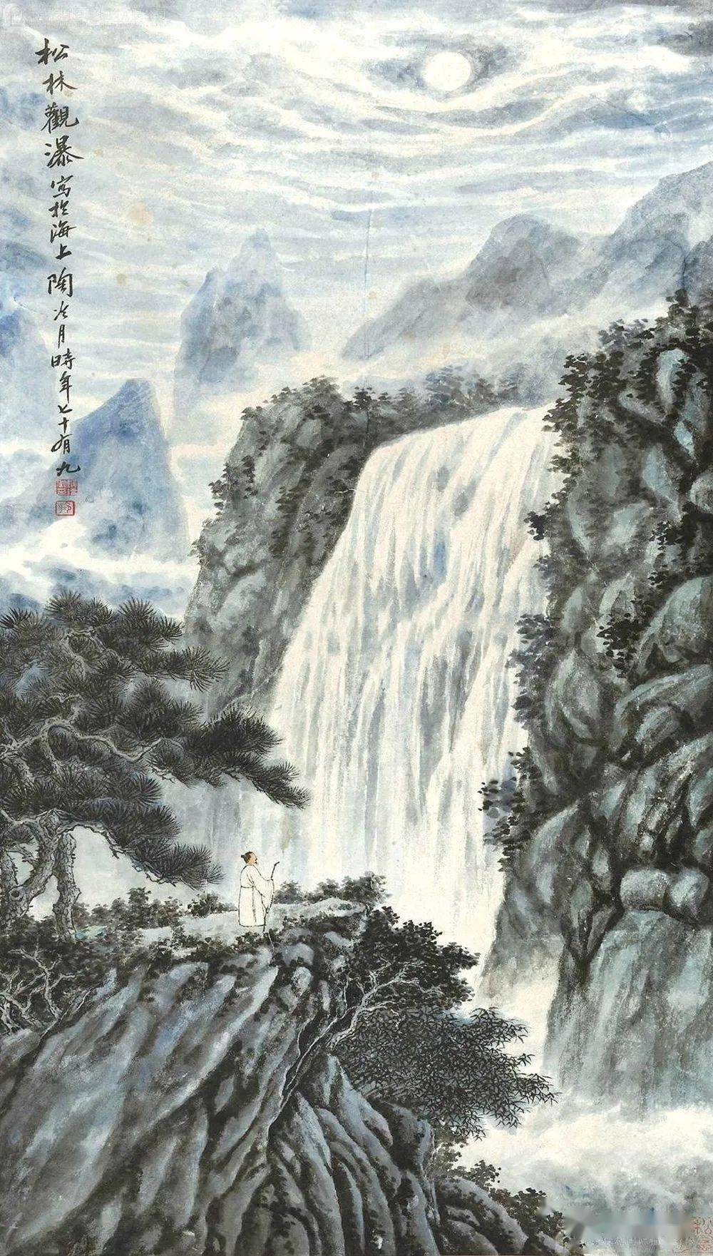 陶冷月笔下的听瀑图月色撩人
