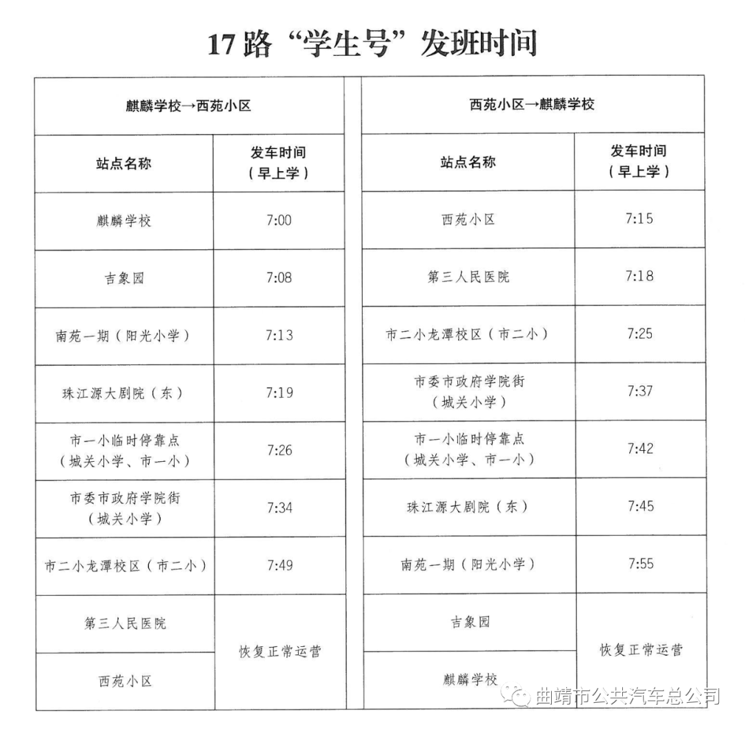 注意!曲靖4条“学生号”公交恢复,运营趟次有调整!