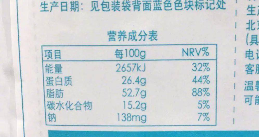 营养成分中有一项是 nrv,即营养素参考值百分比,可以看出食品中营养