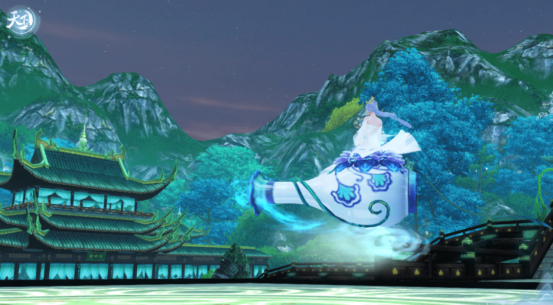 而行青烟从瓶口流泄而下瓶口同样微卷为莲花状束以青色飘带蓝紫相叠