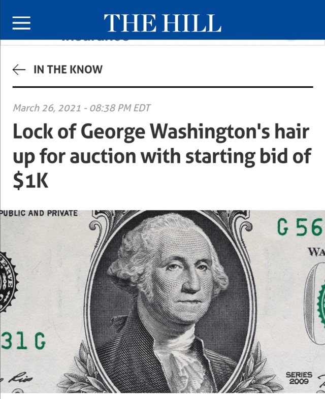 美国首任总统一缕头发正在拍卖中，起拍价1千美元！网友灵魂提问
