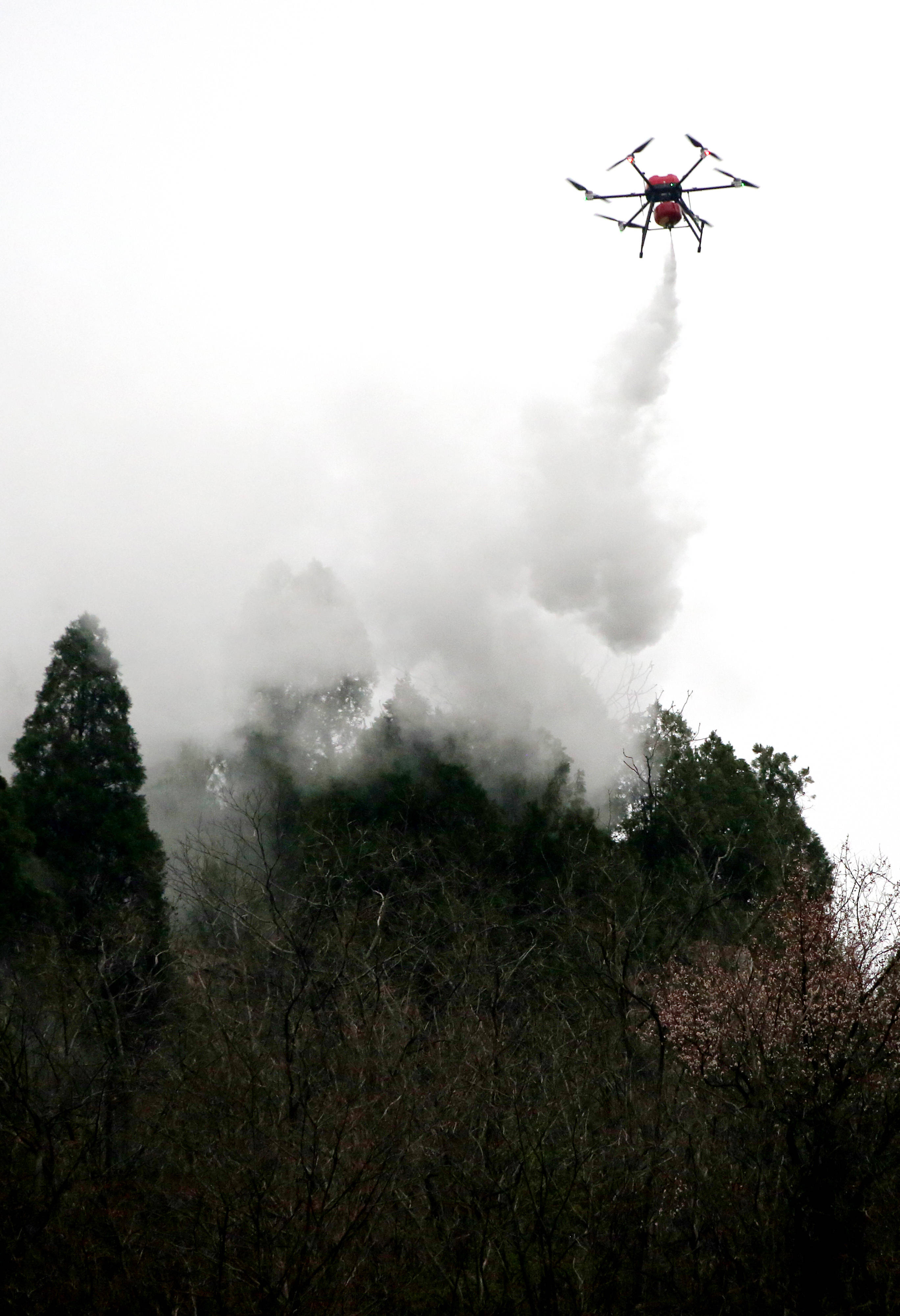 3月26日,一架消防无人机在枣庄市市中区森林区域上空进行灭火实战演练