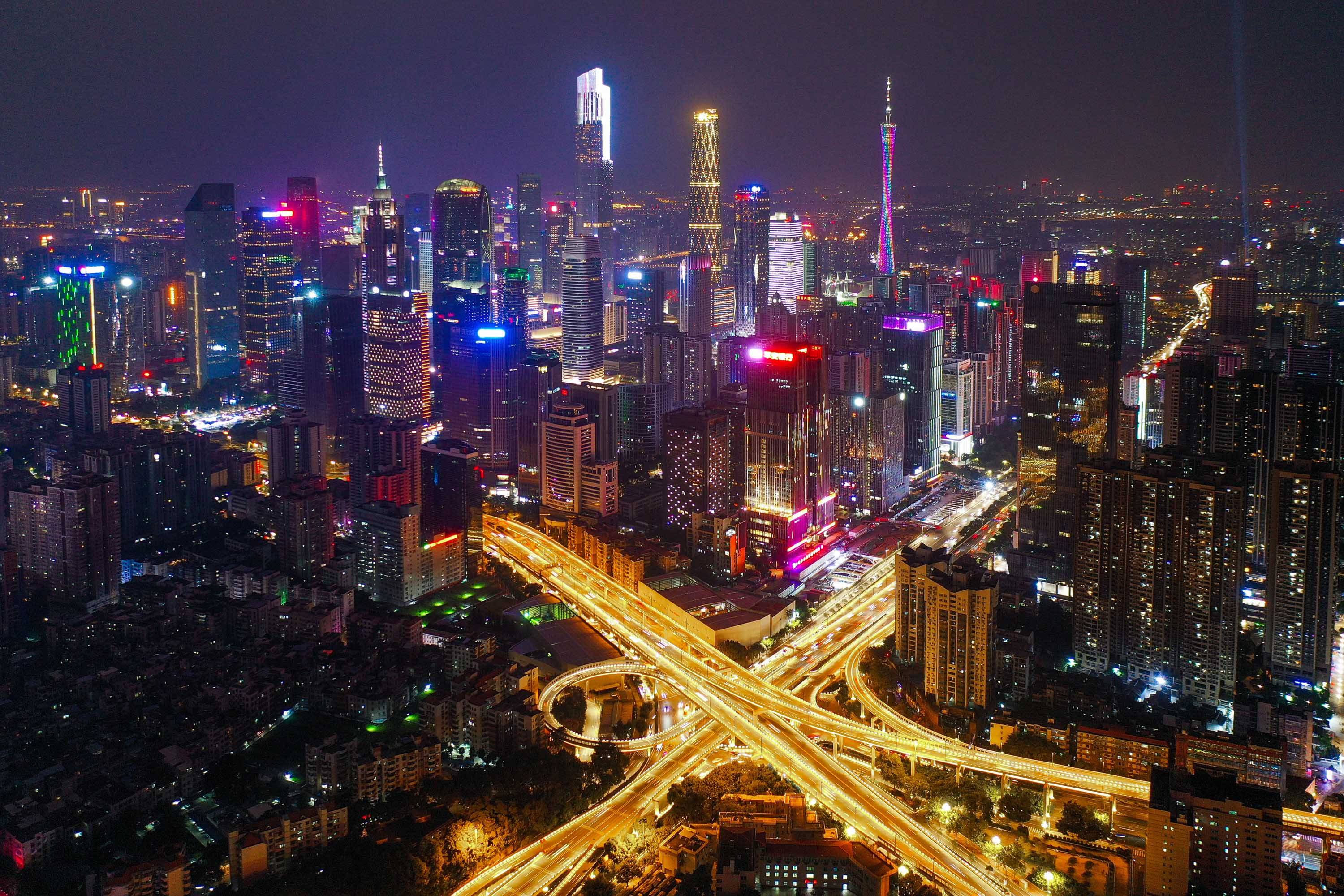 广州珠江新城城市新中轴线夜景(2020年10月2日摄,无人机照片.