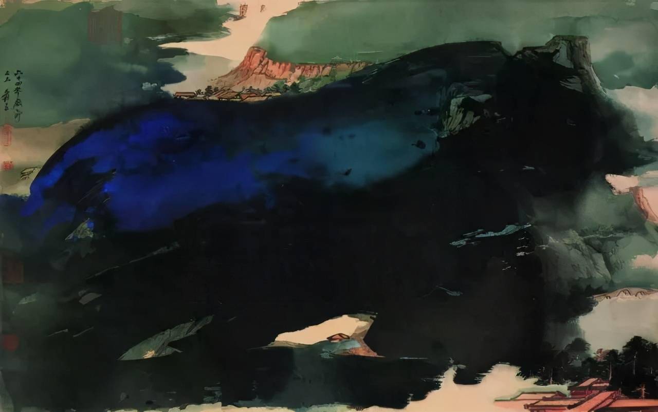 爱痕湖小景湖山晚色江南春金碧山水图神木老人水竹幽居夕阳红满山烟雨