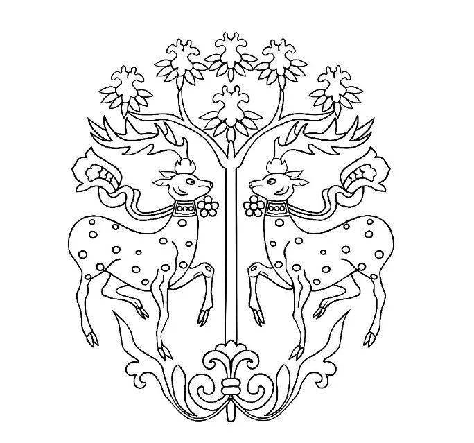 唐·团窠联珠对鹿纹联珠环上下左右各有一个回字纹装饰,每两个回字纹