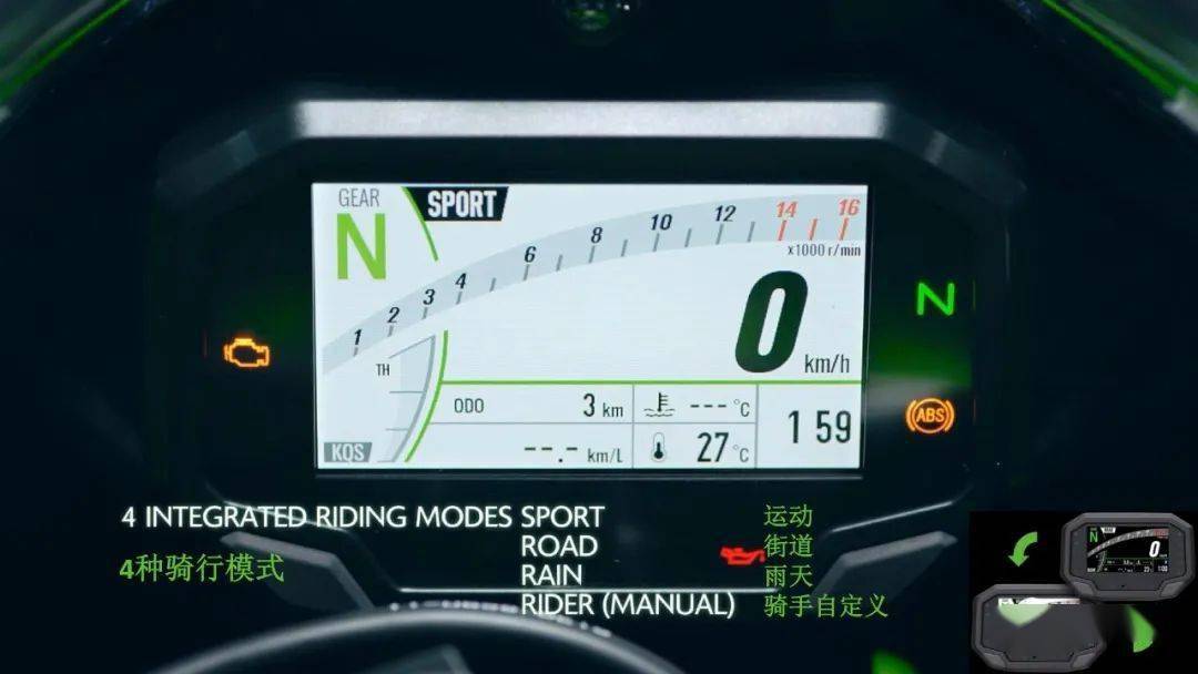 3寸的tft仪表,并且提供赛道,公路两种显示模式zx-10rr在引擎部分比起