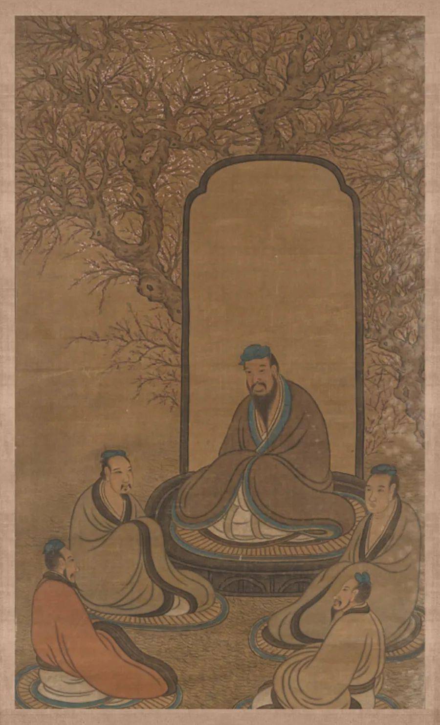孔子博物馆藏图中绘有孔子于杏坛讲学,四弟子端坐受教时的情景.
