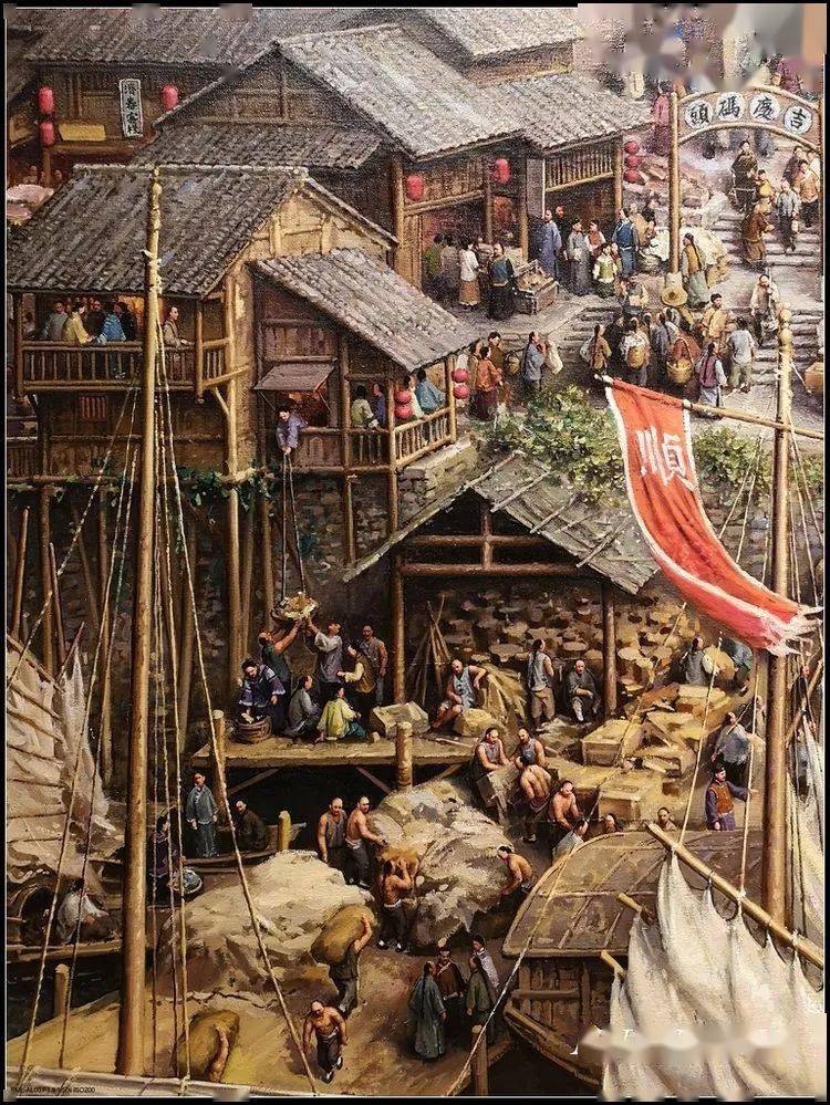 (油画局部)首选进入眼帘的是巨幅油画《洪江古商城》图,油画再现了古