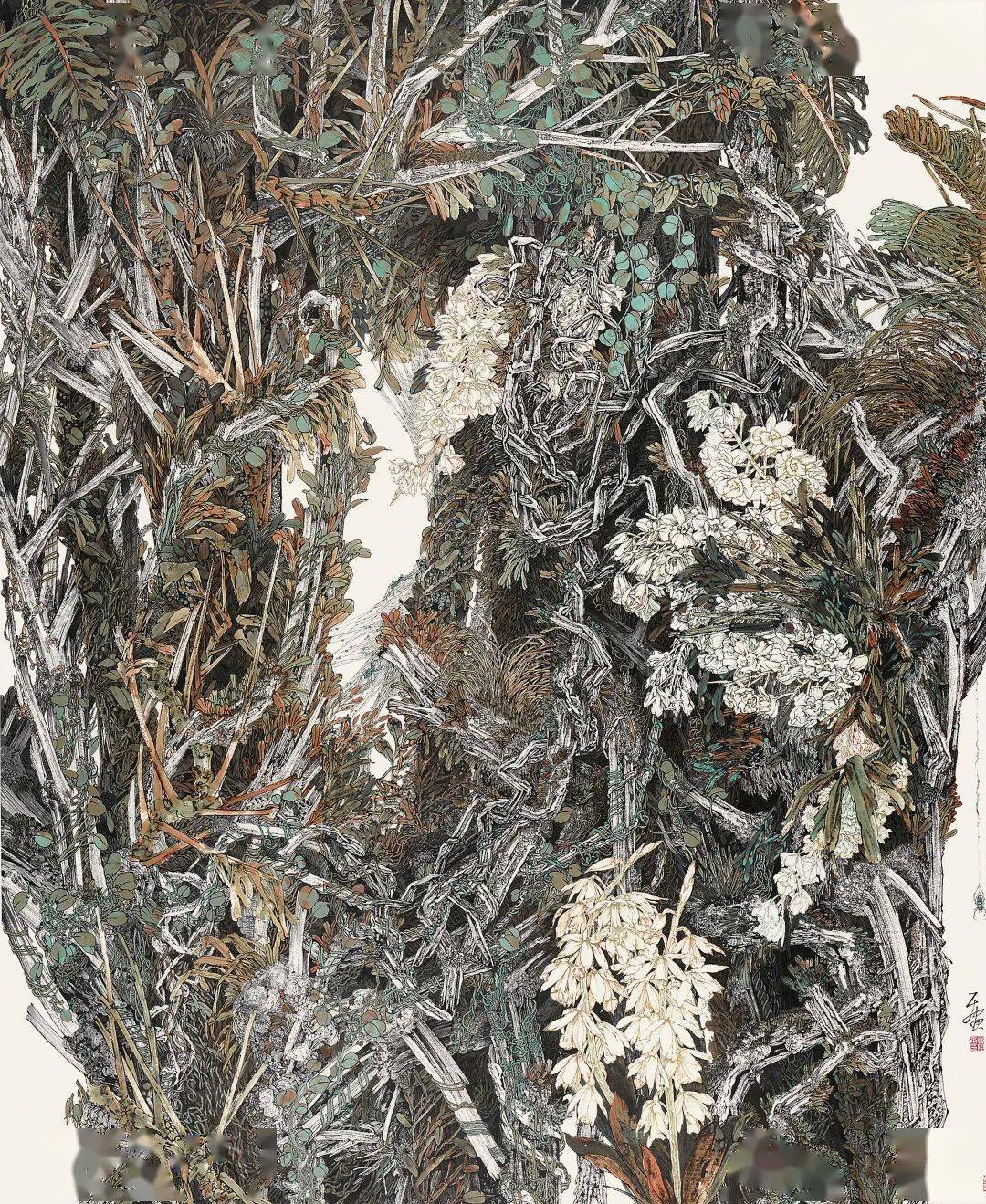 200×180cm《喜见雨林筑新巢》何阿平白海媛合作何阿平绢本水墨40