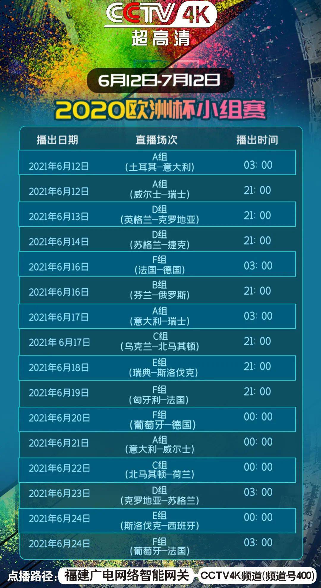 欧洲杯赛程直播表[欧洲杯赛事直播表]