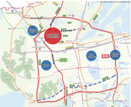 虎丘湿地公园片区快速路规划示意图在快速路方面,主要有:中环快速路北